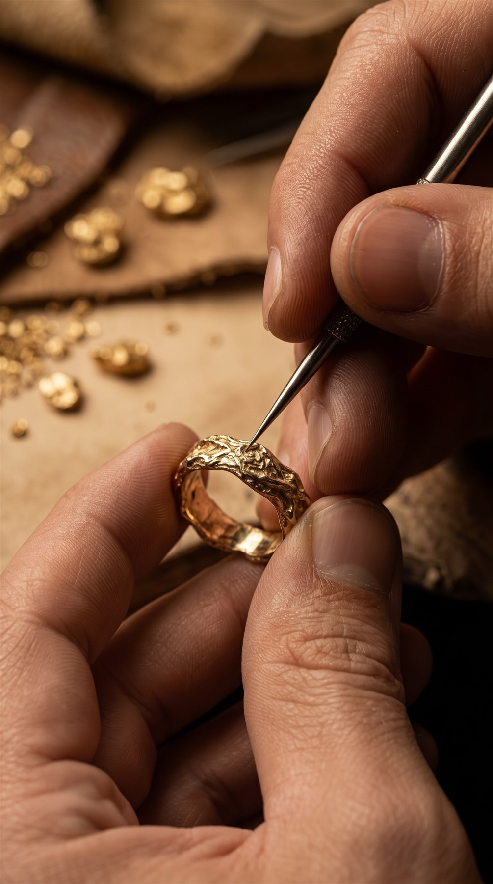 Mãos finalizando um anel de ouro