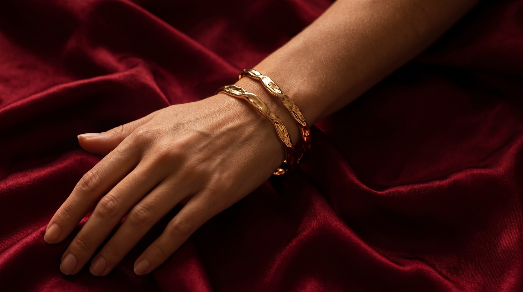 Pulseiras de ouro no pulso sobre veludo vinho